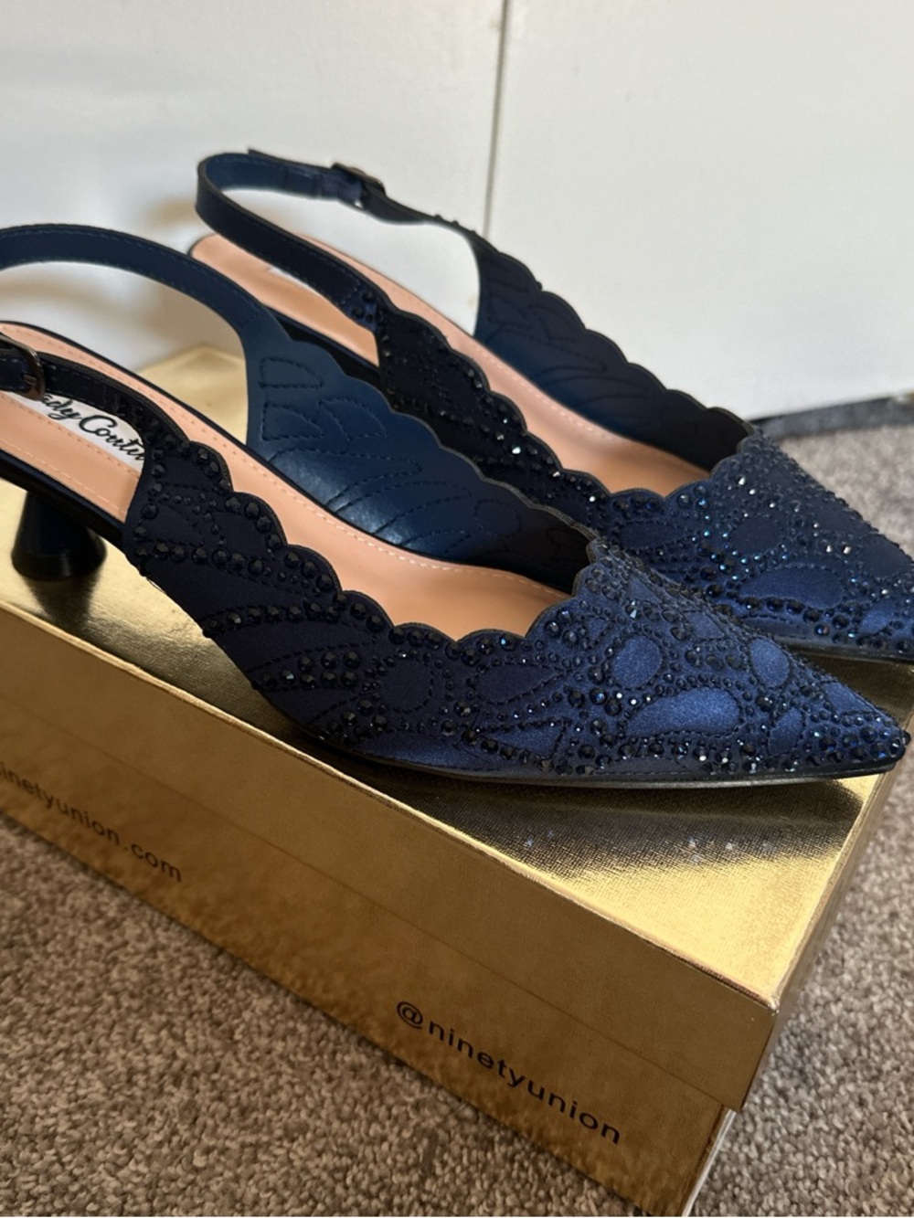 Embellished Navy Slingback Pointed-Toe Heels